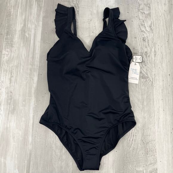 Time And Tru Black Ruffle Scoop Back Lined Soft Cup Plus Size Swim Bathing Suit - Picture 1 of 10